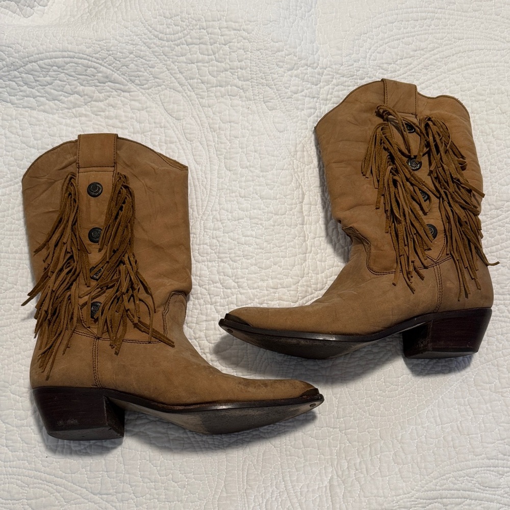 Code West Leather Tan Fringe Heeled Boots